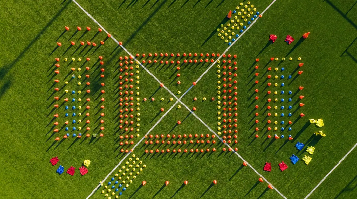 Dettaglio del campo da calcio con linee tattiche e posizioni dei giocatori durante un allenamento