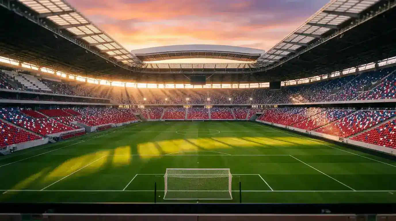 Panoramica dello stadio con il campo da calcio illuminato per il Mondiale 2026