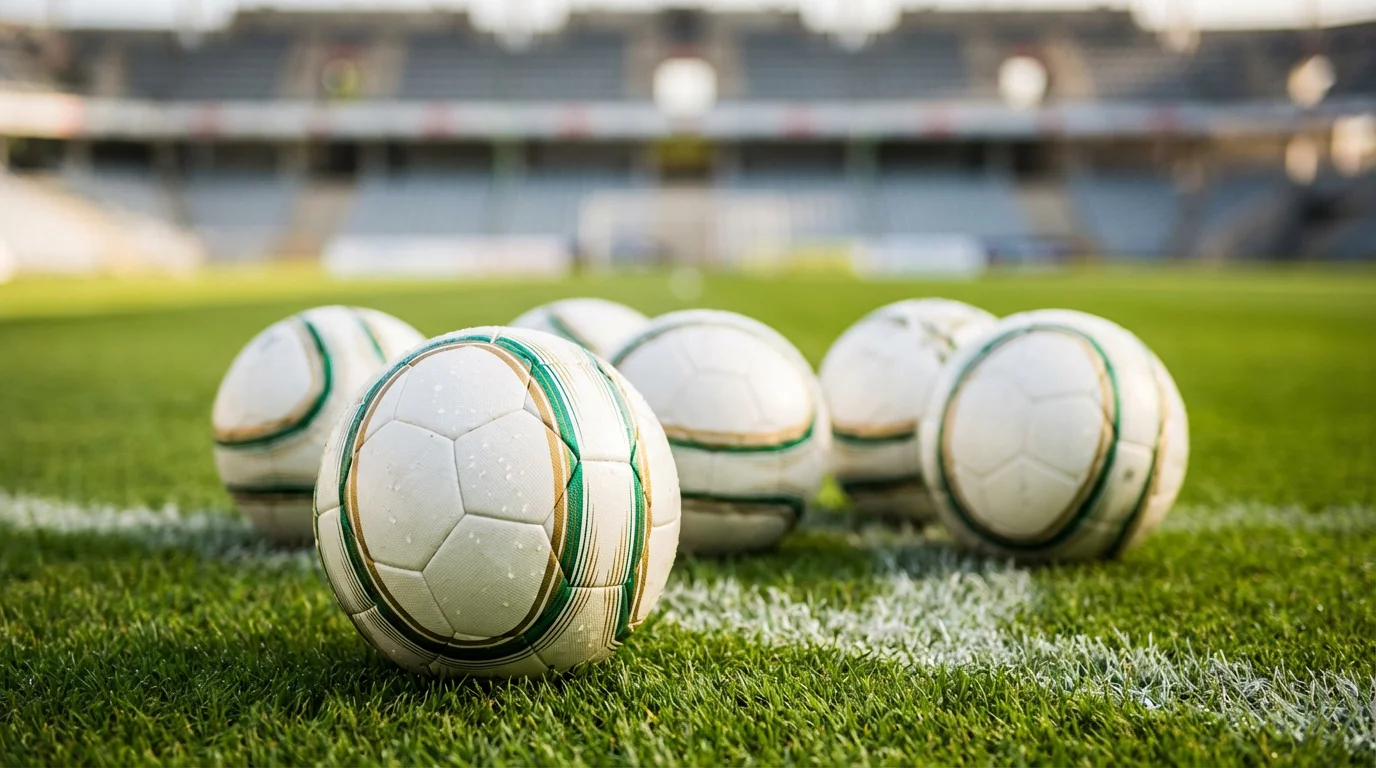 Palloni da calcio ufficiali del torneo allineati sul campo prima di una partita internazionale