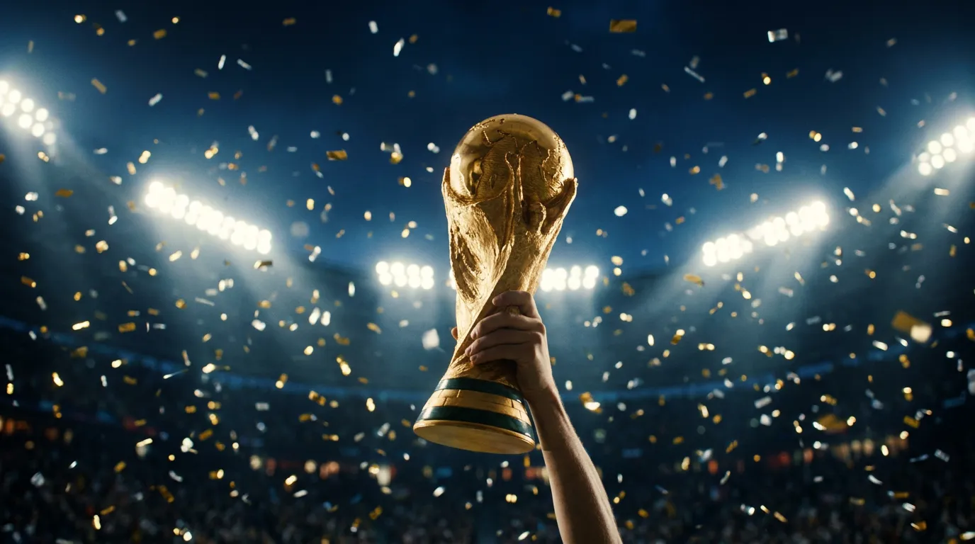 Trofeo mondiale dorato sollevato sotto i riflettori tra i coriandoli