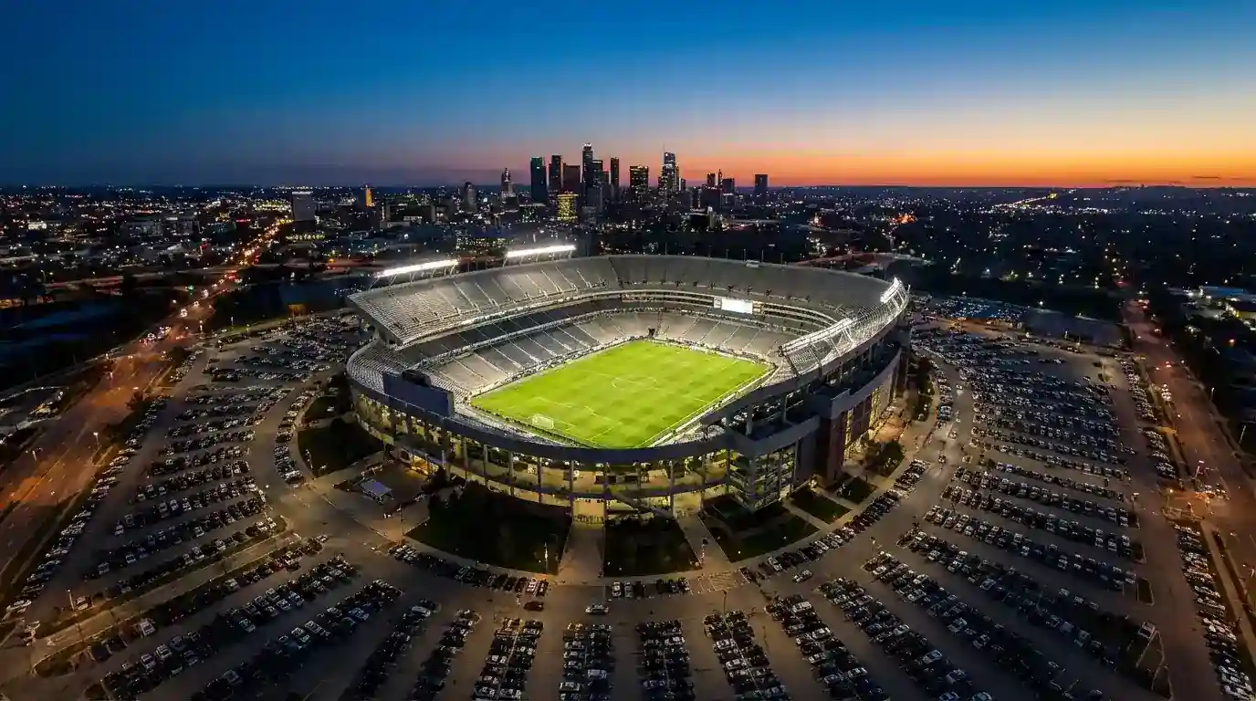 Vista panoramica di un grande stadio nordamericano preparato per una partita del Mondiale 2026